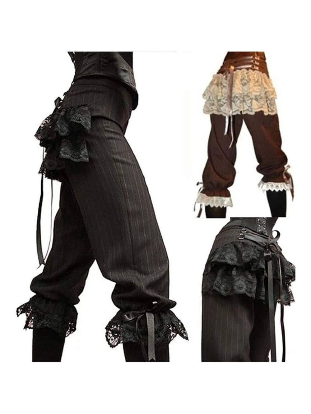 Brown Pin Stripe Lace Trim Corset Ribbon Steampunk Pants